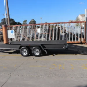 16×6’6″ car carrier box trailer for sale with 10″ sides – rear drop spring assist mesh ramp2800 kg atm