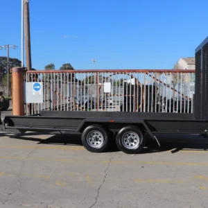 16×6’6″ car carrier box trailer for sale with 10″ sides – rear drop spring assist mesh ramp2800 kg atm