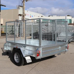 7×5 galvanised single axle braked cage trailer for sale – 3 ft cage manual tipper 1400 kg atm