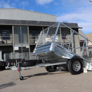 7×5 galvanised single axle braked cage trailer for sale – 3 ft cage manual tipper 1400 kg atm