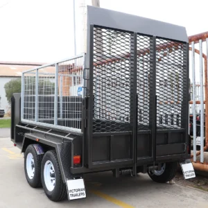 8×5 tandem axle gardening trailer with single piece drop grid mesh ramp with 3ft enclosed mower box