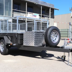 8×5 heavy duty tandem cage trailer | 2 ft cage | toolbox on drawbar | upright spare mount