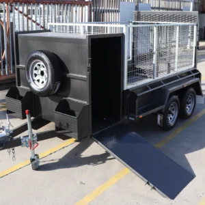 8×5 tandem axle gardening trailer with single piece drop grid mesh ramp with 4ft enclosed mower box