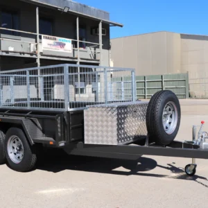 8×5 heavy duty tandem cage trailer | 2 ft cage | toolbox on drawbar | upright spare mount