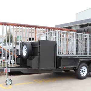 8×5 tandem axle gardening trailer with single piece drop grid mesh ramp with 3ft enclosed mower box