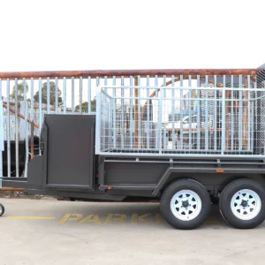 8×5 tandem axle gardening trailer with single piece drop grid mesh ramp with 3ft enclosed mower box