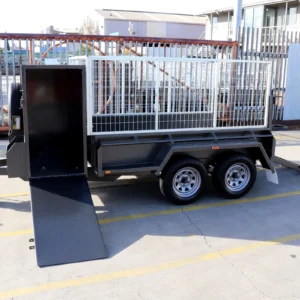 8×5 tandem axle gardening trailer with single piece drop grid mesh ramp with 4ft enclosed mower box