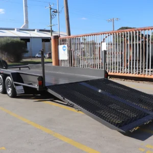 16×6’6″ car carrier box trailer for sale with 10″ sides – rear drop spring assist mesh ramp2800 kg atm