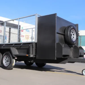 8×5 tandem axle gardening trailer with single piece drop grid mesh ramp with 4ft enclosed mower box