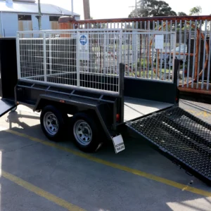 8×5 tandem axle gardening trailer with single piece drop grid mesh ramp with 4ft enclosed mower box