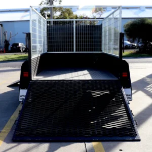 8×5 tandem axle gardening trailer with single piece drop grid mesh ramp with 4ft enclosed mower box