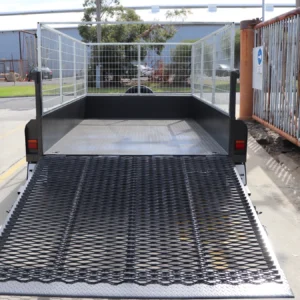 10×6 tandem axle gardening trailer | single piece drop grid mesh ramp | open mower box