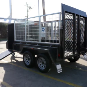 8×5 tandem axle gardening trailer with single piece drop grid mesh ramp with 4ft enclosed mower box