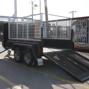8×5 tandem axle gardening trailer with single piece drop grid mesh ramp with 4ft enclosed mower box