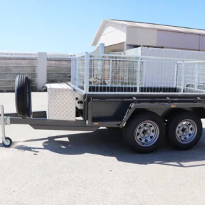 8×5 heavy duty tandem cage trailer | 2 ft cage | toolbox on drawbar | upright spare mount