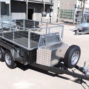 8×5 heavy duty tandem cage trailer | 2 ft cage | toolbox on drawbar | upright spare mount